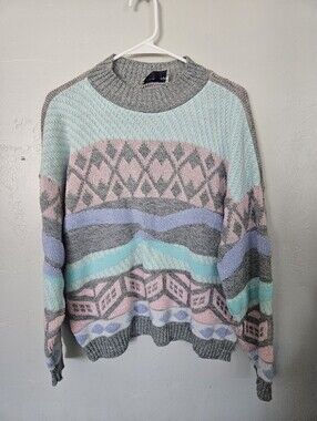 Cozy Pastel Patterned Knit Sweater Gray Pink Purple Blue Vintage Custom Design